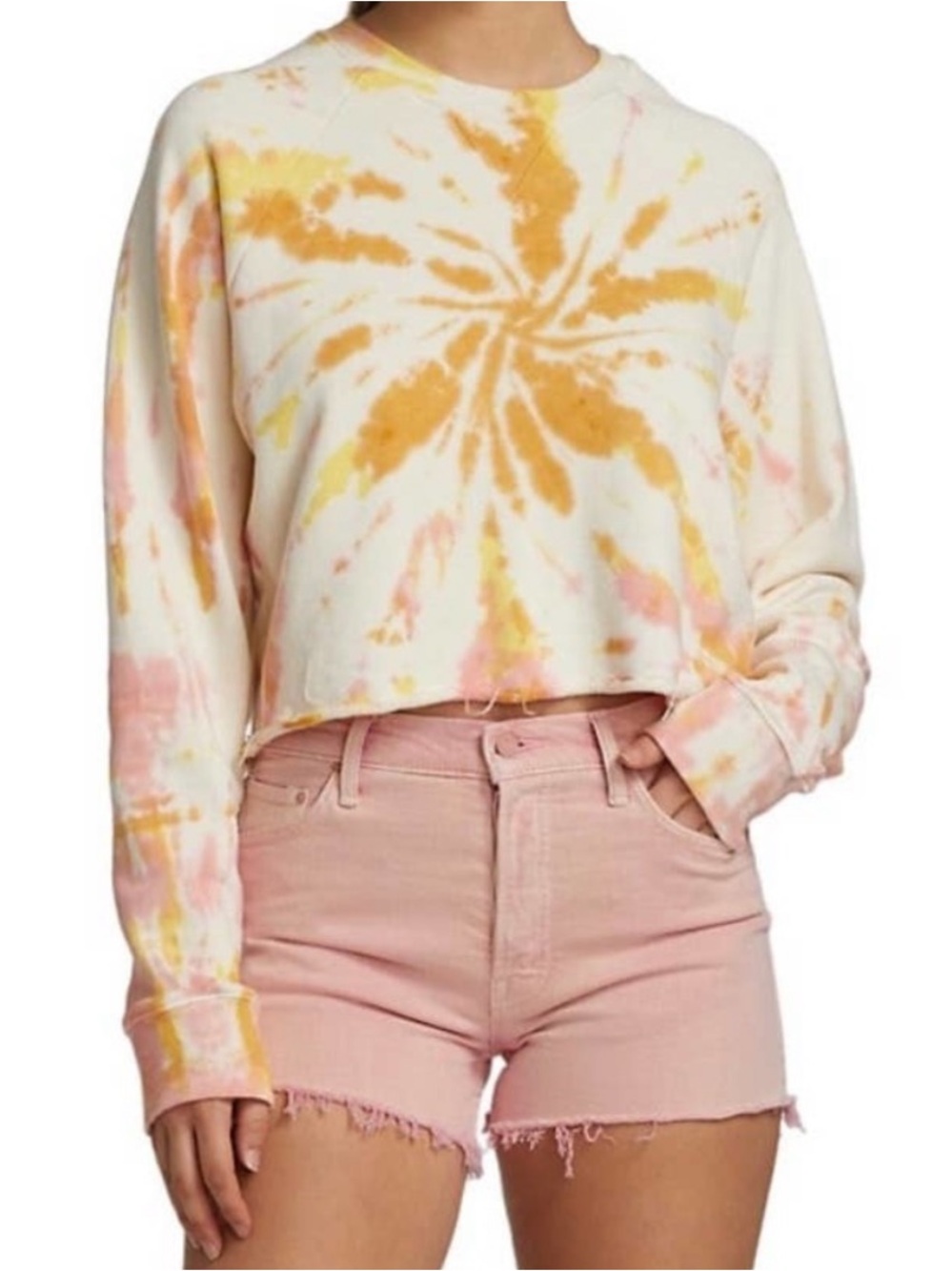 Mother The Loafer Crop Fray Tie Dye Sweatshirt in Coral Haze Lemon Size Small